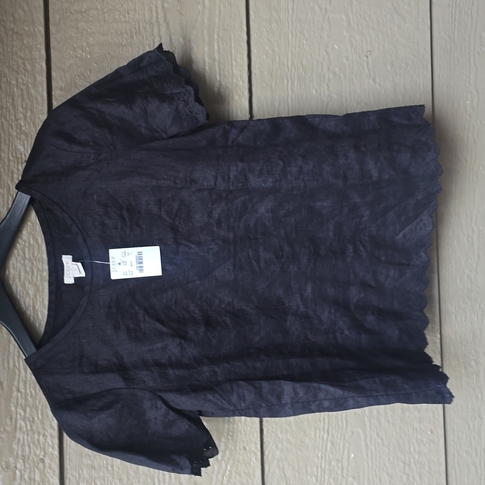 J.Crew Black Linen Short Sleeve Blouse Nwt 0 eyelet cross back